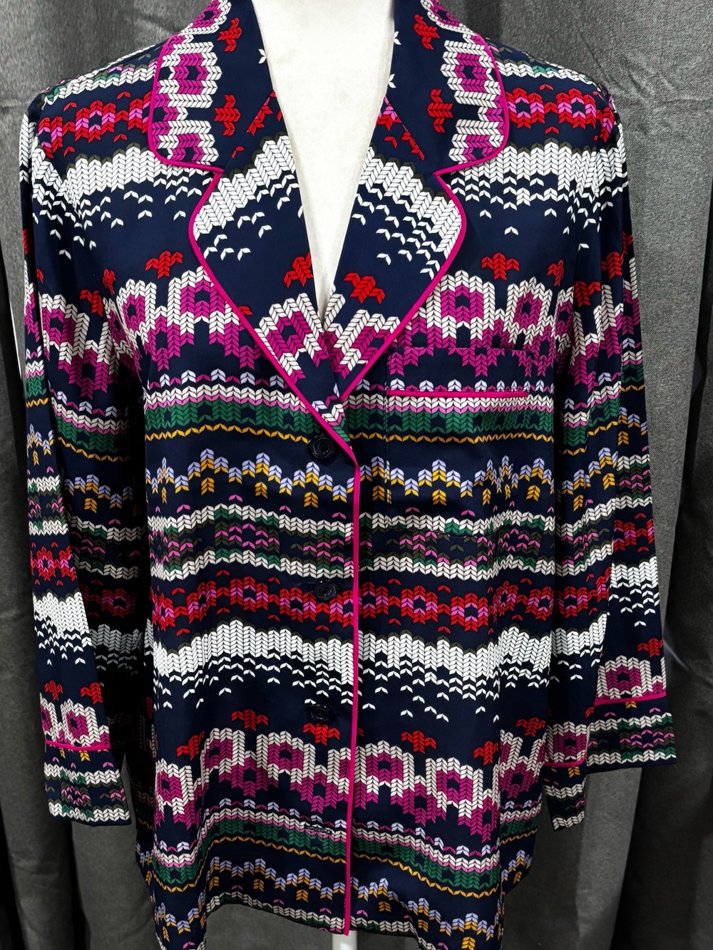 NWT Trina Turk Ira 3 100% Silk Pajama Style Top Fairisle Print XL Navy Magenta